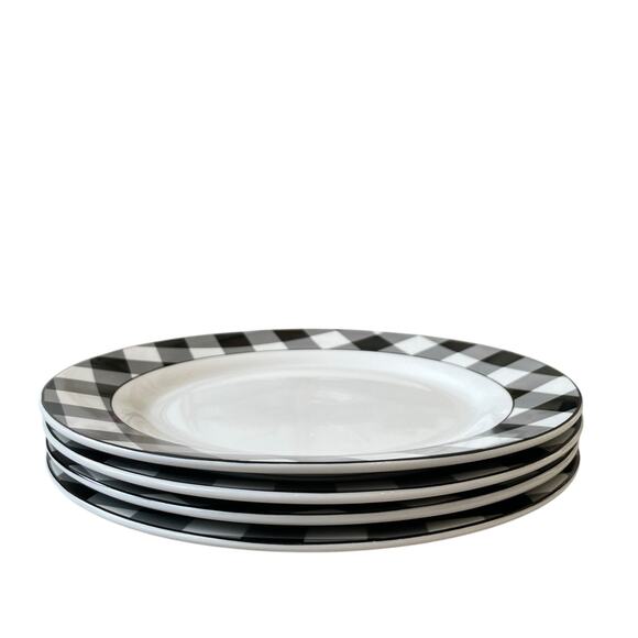Godinger Black White Checkered Gingham Porcelain Dinner Plates 10.5" Set of 4 - Picture 4 of 13
